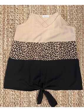 First Love Beige Leopard & Black Tie-Front Tank